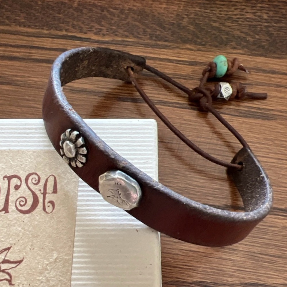 Jes MaHarry adjustable tie closure Leather Bracelet, Silver & turquoise accents